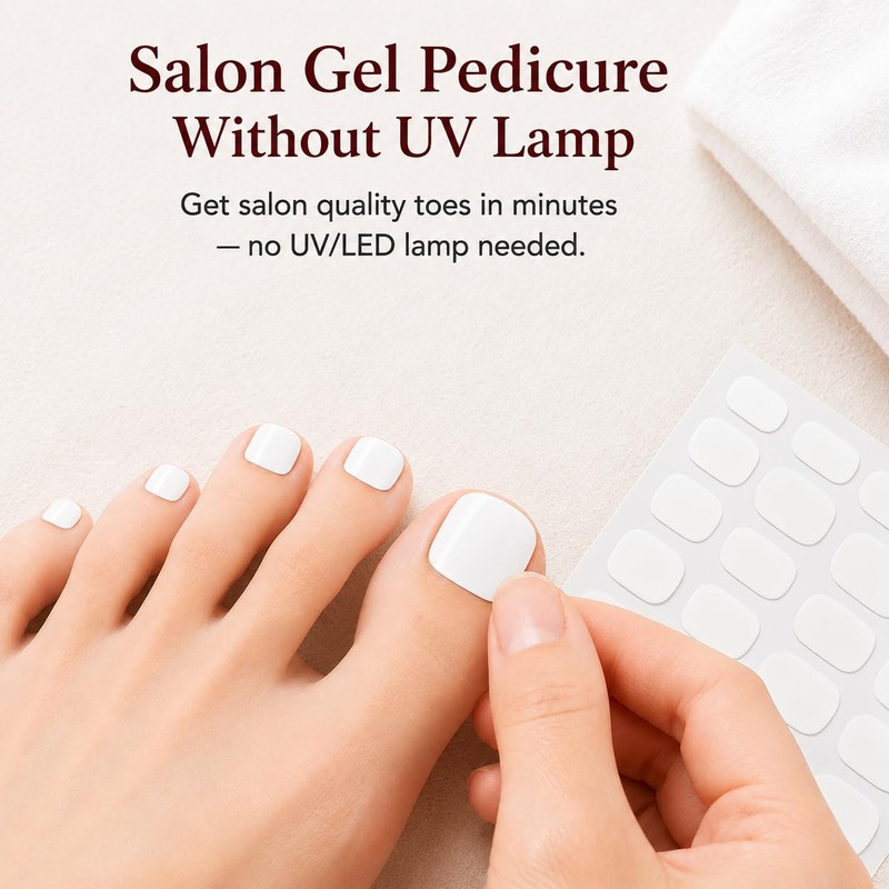 Gel Toe Nail Strips 34Pcs, Pre-Cured, No UV Light, White
