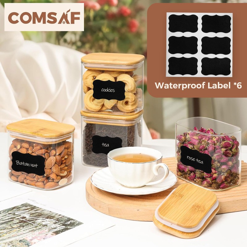 ComSaf 26oz Rectangle Glass Storage Containers with Lids, Glass Jars