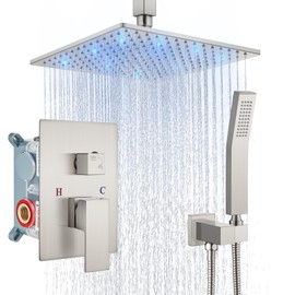 Aolemi Ceiling Mount Shower Faucet Set with Handheld Spray High Pressure Shower Faucets Sets Complete Rough-in Valve and Shower Trim Kit System Included Rainfall Brushed Nickel 10 Inch LED Shower Head
