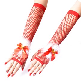 Latious Christmas Fingerless Gloves Red Fishnet Long Gloves Christmas Costume Gloves Party Cosplay Glove Xmas Accessories for Women and Girls