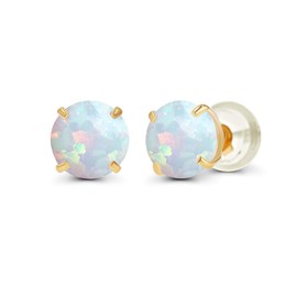 14K Yellow Gold Plated Sterling Silver 4mm Round Created Opal Birthstone Prong Set Stud Earrings For Women