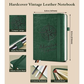 PAIBAS Graph Notebook for Women Men, 160 Pages Grid Paper, Graphing Notebooks for School, Work, Quad Ruled, Inner Pocket, A5 Hardcover Vintage Leather Journals for Writing, 5.8"x8.5" (Green)
