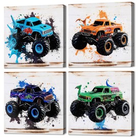 The Mode Art Monster Truck Wall Art 4 Pieces Prints for Kids Rooms Home Decor Canvas Artwork Painted truck Theme Photos Wall Decor in the Boy's Bedroom Each Size: 12"x12"