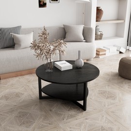 Round Wood Coffee Table with Storage Shelf, 35.3" Modern Industrail Circle Center Table, 2-Tier Large Farmhouse Cocktail Table with Metal Legs for Living Room, Brushed Black