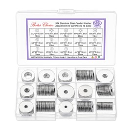 Bates- Fender Washers Assortment Kit, 230 pcs, Stainless Steel Flat Washers, 15 Sizes(M3-M12), Stainless Steel Fender Washers, Flat Washer, Large Washer Fender Washer Assortment, Assorted Washers