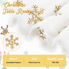 BrillShine Christmas Table Runner, White Gold Snowflake Table Runner, Faux Fur Table Runner, Modern Table Runner, Christmas Decoration (35 x 120 cm)