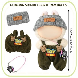 AOOTE Stylish Doll Clothes, 3 Pcs Dolls Clothes Set, Plush Dolle Cloth for 17cm Dolls, Set Include 1 Dungarees, 1 Wool Hat, 1 Black Camera, Cute Dress Up Gift for Girls Boys, Only Clothe, No Doll