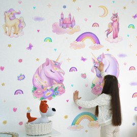 Unicorn Wall Decals Pack of 5 Sheets Stickers by Lipastick - Rainbow Wall Stickers – Princess Castle with Hearts Clouds Stars Wall Decals Decor for Girls Kids Bedroom Birthday Party Size S