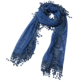 Cindy and Wendy Lightweight Soft Leaf Lace Fringes Scarf shawl for Women (Denim Blue-2)