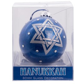 Kurt Adler 80mm Glass Happy Hanukkah Blue Ball Ornament