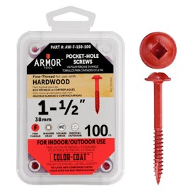 ARMOR TOOL Pocket Hole Screws - 1-1/2" Fine Thread Joinery Screws 100 Pack with Red Color Coat & Square Drive - AW-F-150-100