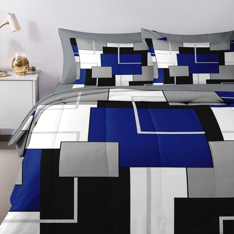 Nesker Comforter Set King Size, Blue Black Geometric 7 Pcs