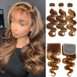 ALHER #P4/27 Honey Blonde Highlight Bundles With 5x5 Lace Closure Body Wave, Balayage Ombre Brown 12A 100% Human Hair 3 Bundles and 5 by 5 HD Lace Closure Free Part Baby Hair 14 16 18 +14