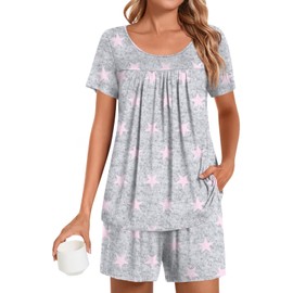 POPYOUNG Plus Size Womens Pajama Sets Summer Short Sleeves 2 Piece Lounge Sleepwear Ladies Pjs Sets with Pockets 4XL, Pink Star
