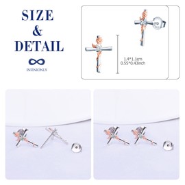 INFINIONLY Women's girl's Earrings Studs, 925 sterling silver earring stud, Rose gold flower entwined with silver cross earrings, Double color plating process, Elegant, Inlaid with shiny zircon
