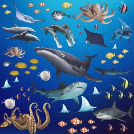 LiveGallery 4 Sheets of 12inch x 18inch 3D Removable Ocean Animals Wall Sticker Under The Sea Fish Sharks Turtles Whales Wall Decal for Kids Babys Girls Bedroom Nursery Bathroom Living Room (Fish)