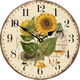 TAHEAT 14 Inch Beautiful Sunflower Wall Clock, Vintage Country Floral Silent Non Ticking Clocks, Wooden Round Easy to Read Wall Clock for Kitchen/Living Room/Bedroom/Bathroom