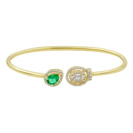GOURIK Lab Created Emerald Open Bangle Gifts For Mom, Yellow Gold Plated Lab Grown Emerald & Simulated Diamond Cuff Bracelet