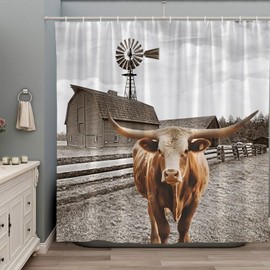 ZZYSKS Longhorn Shower Curtain Highland Cow Rustic Windmill Barn Farm Animal Scenery Funny Bull Western Country Farmhouse Cattle Bathroom Decor Fabric with Hooks 70Wx70H Inch