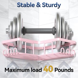 YASONIC Corner Adhesive Shower Caddy, with Soap Holder and 12 Hooks, Rustproof Stainless Steel Bathroom Organizer, No Drilling Wall Mounted Rack, Pink, 3-Pack