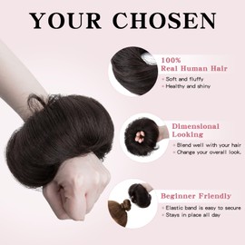 TESSHAIR Human Hair Messy Bun Hair Piece Scrunchie Golden Brown Hair Pieces for Updos Style Natural Wavy Hair Extension Scrunchie 100% Real Human Hair Updo Hair Pieces for Women Girls