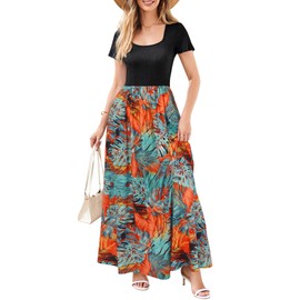 OUGES Womens Summer Dresses Short Sleeve Beach Floral Maxi Dresses for Women 2024 Casual Spring Flowy Long Dress with Pockets(Floral04,XL)