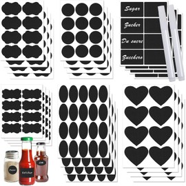 256 Etiquetas Adhesivas de Pizarra Impermeables con Rotulador para Contenedores Alimentos de Cocina, Tarros, Vidrio, Especias, Tazas, Botellas (6 Formas Surtidas, 24 Hojas, 2 Bolígrafos)