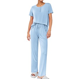 Ekouaer Pajama Sets for Women 2 Piece Short Sleeve Loungewear Button Down Pj Set Soft Sleepwear with Pockets Light Blue M