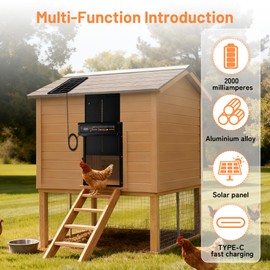 Automatic Chicken Coop Door Solar Powered with Remote Control Setup & LCD Screen, Anti-Pinch Chicken Door, Aluminum Auto Poultry Door with Timer & Light Sensor