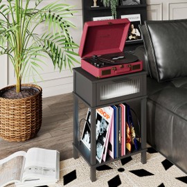 End Table with Record Player Stand, Side Table with Storage, 2-Tier Nightstand with Drawer and Record Holder, Modern Black Bedside Table for Living Room Bedroom MLBZ18B