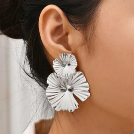 Atentuyi Punk Double Large Flower Earrings Silver Flower Dangle Drop Earrings Big Metal Flower Stud Earrings Statement Exaggerated Earrings Jewelry for Women and Girls