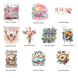 10PCS Jesus Iron On Transfer Patches Cross Blossom Mountain Butterfly Designs for T-Shirts Hats Home Decor Heat Press Vinyl Christian Faith Sticker Decal Crafts