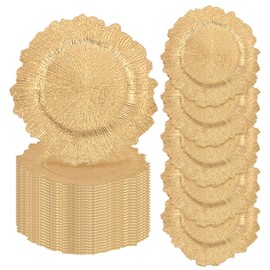 fani 50 Pcs Gold Charger Plates Bulk, 13 Inch Reef Wedding Chargers for Dinner Plate, Round Plastic Reusable Ruffled Rim Decorative for Table Setting, Parties, Wedding, Events