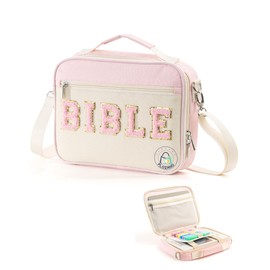 PLOZANO Bible Cover Case for Women, Large Chenille Letter Bible Bag with Shoulder Strap,Pink Bible Carrying Tote Bags for Bible Study Accessories, for Women Lady Teen Grils