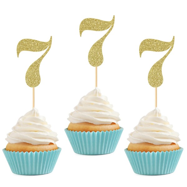 24 piezas de decoración para cupcakes de séptimo cumpleaños, con purpurina, número 7, para siete aniversario, 7 años, decoración de cupcakes, suministros de decoración de cupcakes, color dorado