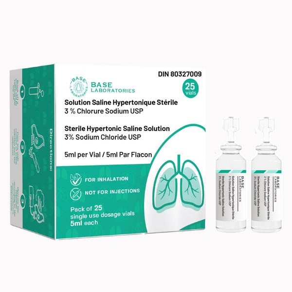 BASE LABORATORIES 3% Hypertonic Saline Solution for Nebulizer Machine | for Kids & Adults for Inhalation Treatment & Nasal Hygiene Devices | Clears Lungs & Congestion l 25 Vials 5ml Unit Dose