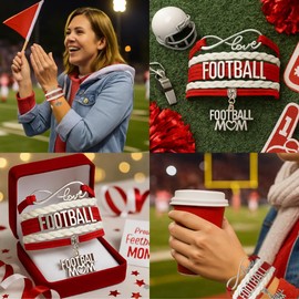 Football Mom Bracelet – Red & White Infinity LOVE Wrap Bracelet with “FOOTBALL MOM” Charm – Adjustable Sports Jewelry Gift for Proud Moms and Team Supporters