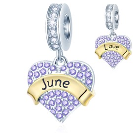 CRISNATA Jan-Dec 12 Month Birthstone Heart Pendant Charms with Clear CZ 925 Sterling Silver 2 Tone Gold Beads Fits European Birthday Bracelet Gifts for Mother/Wife/Dad, Sterling Silver Cubic Zirconia,
