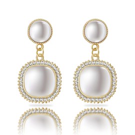 Pearl Earrings for Women Circular Pendant Pearl Drop Earrings Birthday banquet and Bar Mitzvah (Gold Framed Ruby)