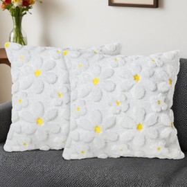 Nidoul Decorative Throw Pillow Covers 18x18 Set of 2 Soft Faux Fur White Floral Pillows Cases for Couch Sofa Bed Living Room Cute Home Decor