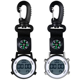 JewelryWe Carabiner Watch Digital Clip On Quartz Watch Carabiner Pocket Watch with Luminous Dial Calendar Alarm Clock Compass FOB Watch for Doctors Nurses Paramedic Chefs Sports Unisex, 2 Pieces