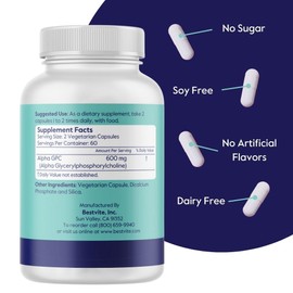 BESTVITE Alpha GPC 600mg Per Serving (120 Veggie Capsules) - No Stearates - Vegan - Non GMO - Gluten Free