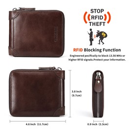 CHANPINCL Mens Genuine Leather Zipper Wallet RFID Secure Large Capacity Double Fold Multi-card Leather Wallets for Men and coin purse (Vintage leather brown)