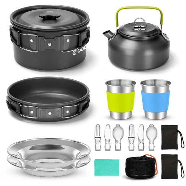 Odoland 15pcs Camping Cookware Mess Kit, Non-Stick Lightweight Pot Pan