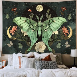 JAWO Green Butterfly Moon luna moth Flower Tapestry Boho Floral Plant moth Tapestries for Bedroom Aesthetic Tapastry's Wall Hanging Mandala Botanical Wall Tapestry for Living Room Dorm 71X60