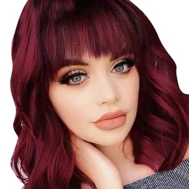 Peluca Roja, Pelucas Para Mujer, Pelucas Onduladas Cortas, Rizada Corta con Gradiente de Flecos Rojos Vino Sintético Pelucas Para Mujer Cabello Natural para Niñas Uso Diario