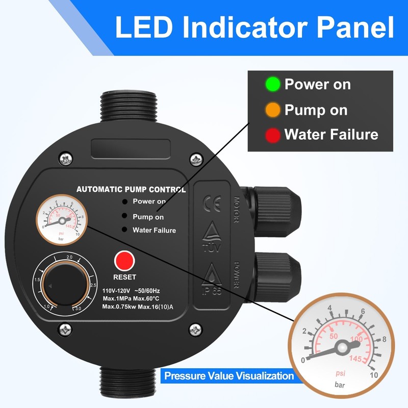 IP65 Automatic Pump Controller, Rotary Adjustment, Metal Pump Connector, Electronic