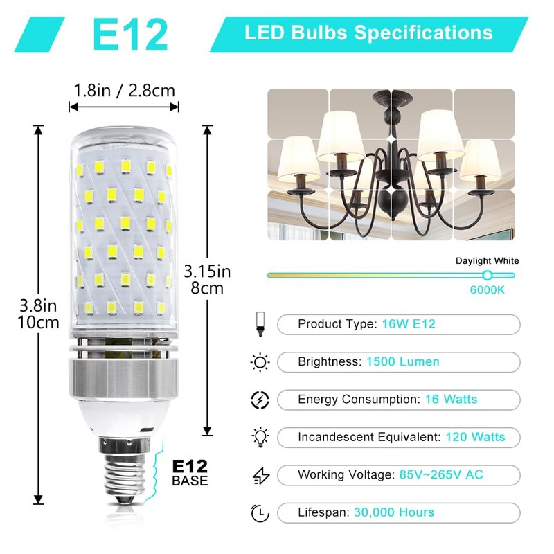 LEDLightsWorld Super Bright E12 LED Corn Bulbs, 16W 1500LM Bulbs,