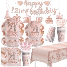 APOWBLS Happy 21st Birthday Decorations for Her Women, Rose Gold Cheers to 21 Years Birthday Party Supplies Tableware, Paper Plates, Cups, Napkins, Banner, Swirls, Disposable Cutlery, Serves 24