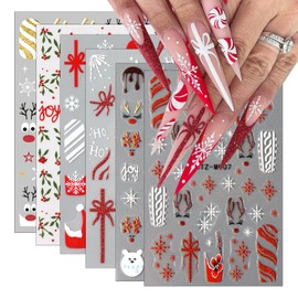 6Sheets Christmas Nail Stickers for Nail Art, Snowflake Nail Art Stickers Cute Elk Holly Red White Stripe French Tip Nail Design 3D Self-Adhesive Xmas Nail Decals for Women DIY Manicure Accessories